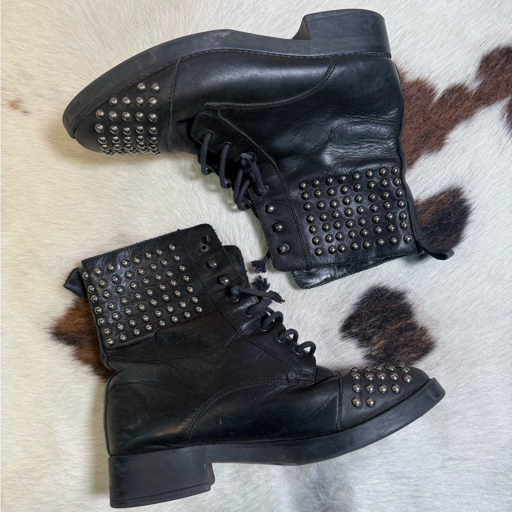 Black Studded Leather Combat Boots Size 38 Punk Grunge Moto
